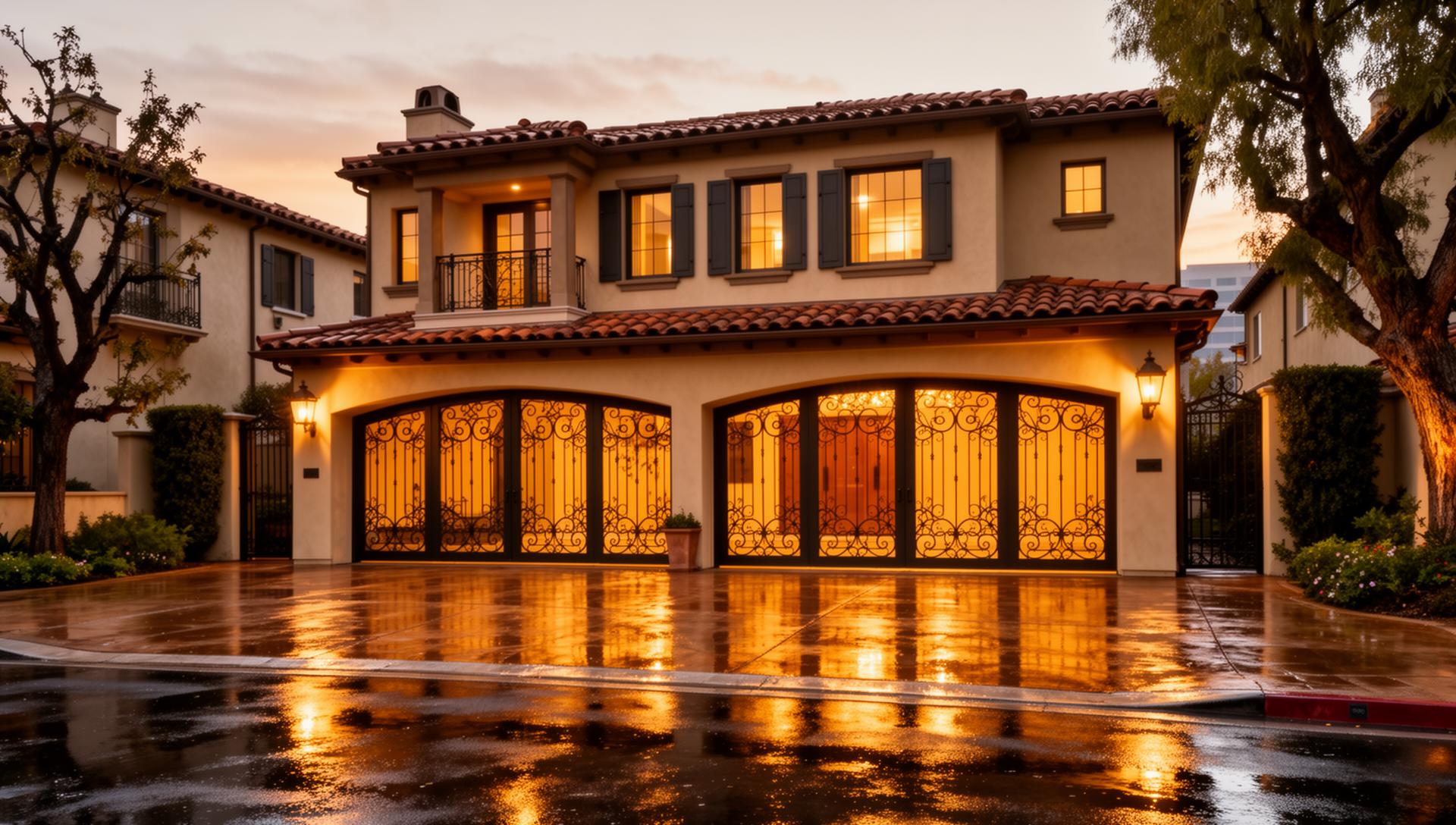 Spanish colonial style garage doors with decorative iron grilles at luxury home in Shortsville